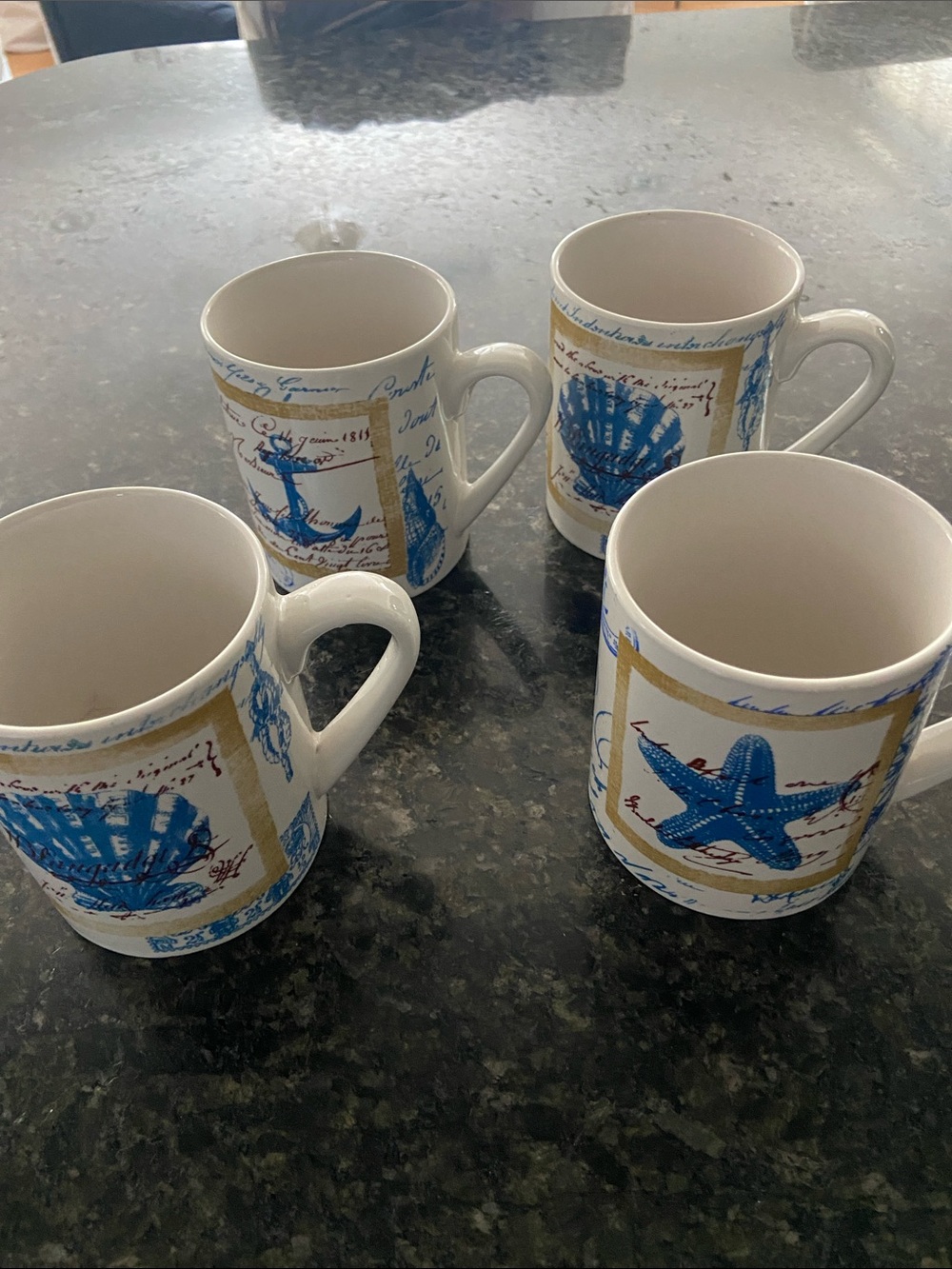 Coastal Blue Starfish & Shell Ceramic Coffee Mugs - Set of 4